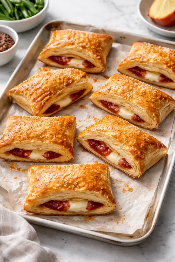 Golden guava and cream cheese pastries on parchment-lined tray