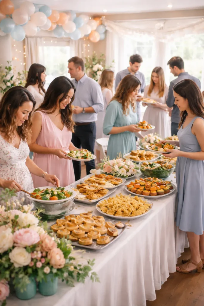 Group of guest silhouettes around a buffet at a baby shower