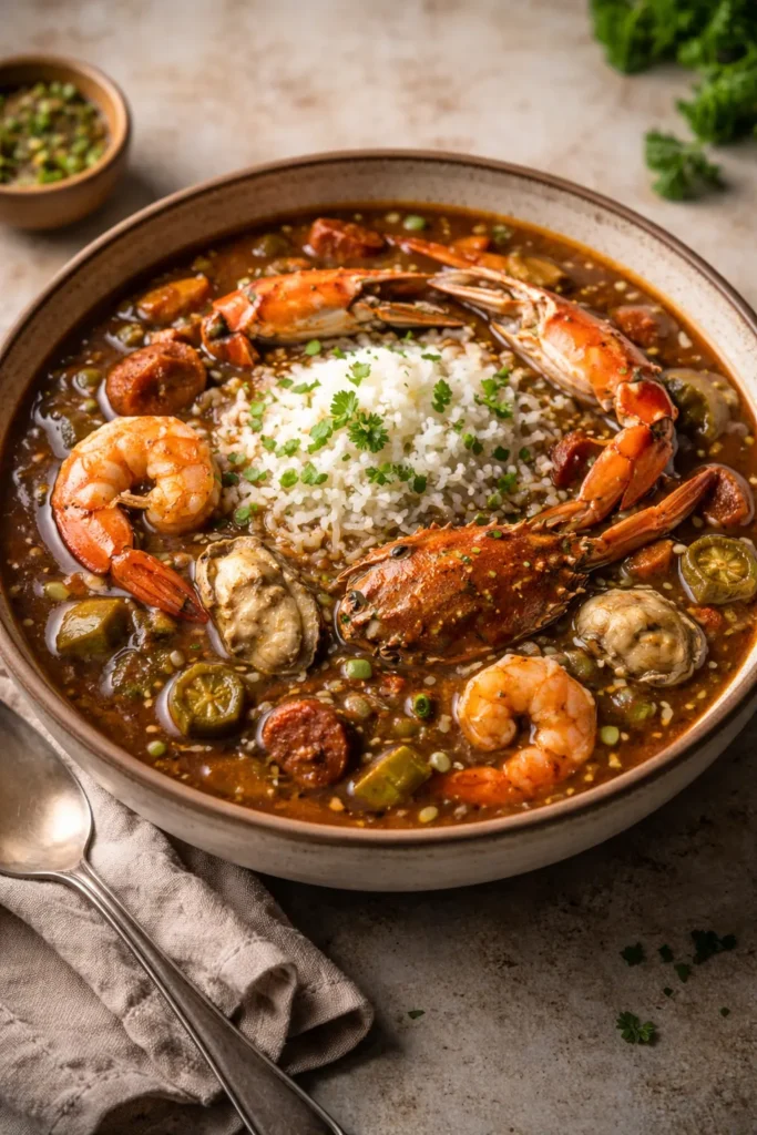 Gumbo with shrimp, crab, and oysters over rice in a bowl