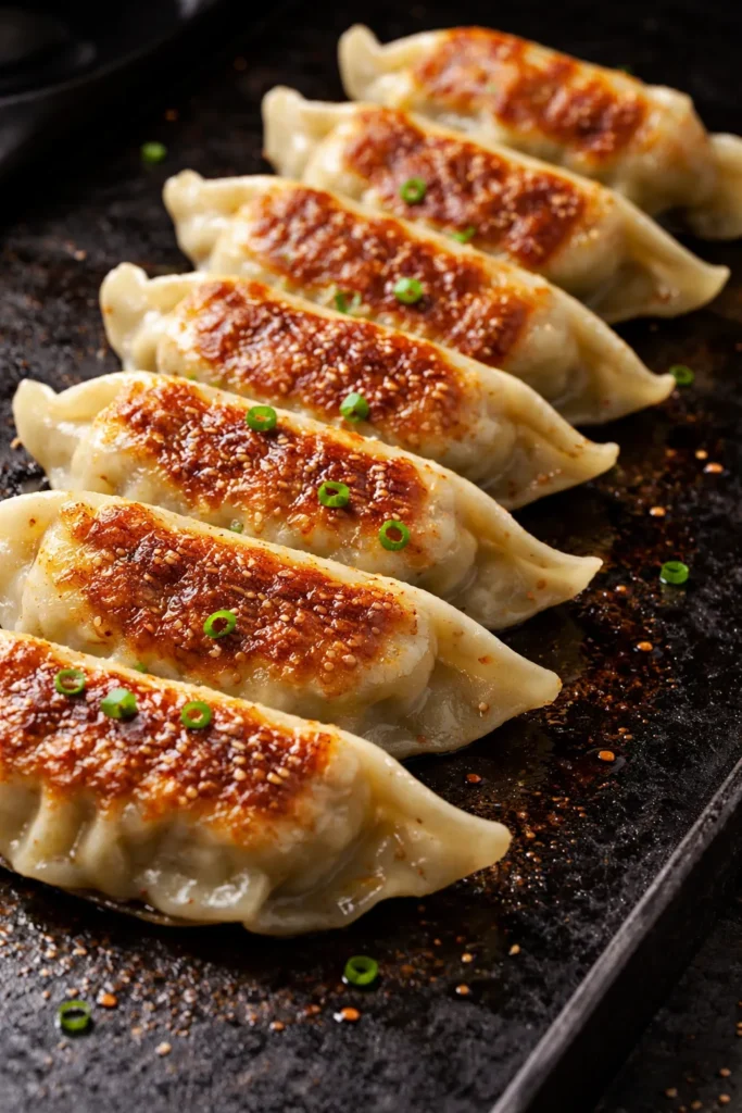 Row of crisp bottom gyoza dumplings on a dark surface