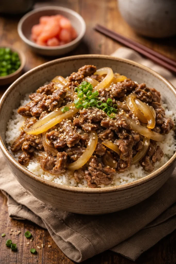 Beef gyudon over rice in a ceramic bowl