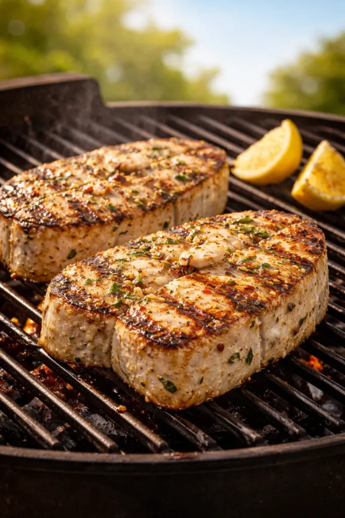 Two halibut steaks grilled with garlic herb seasoning