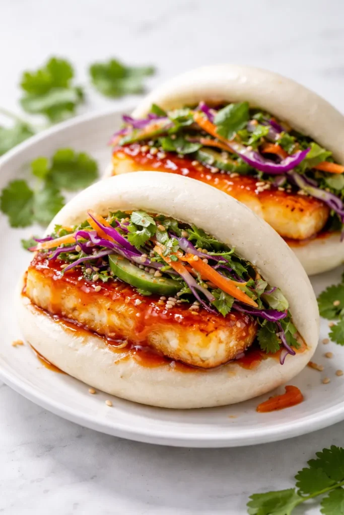 Close-up of halloumi bao with sweet chili glaze and herb slaw