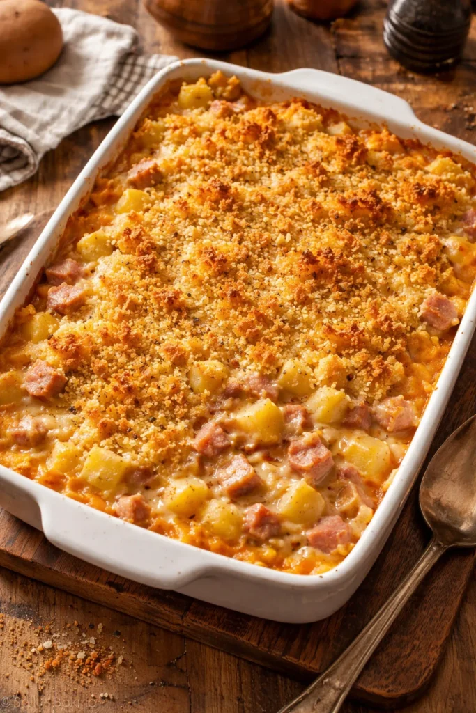 Creamy ham and potato casserole bubbling with golden breadcrumb topping