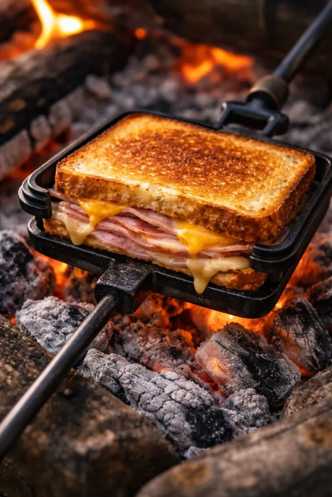 Close-up of a ham and cheese hobo pie iron sandwich cooking over campfire coals