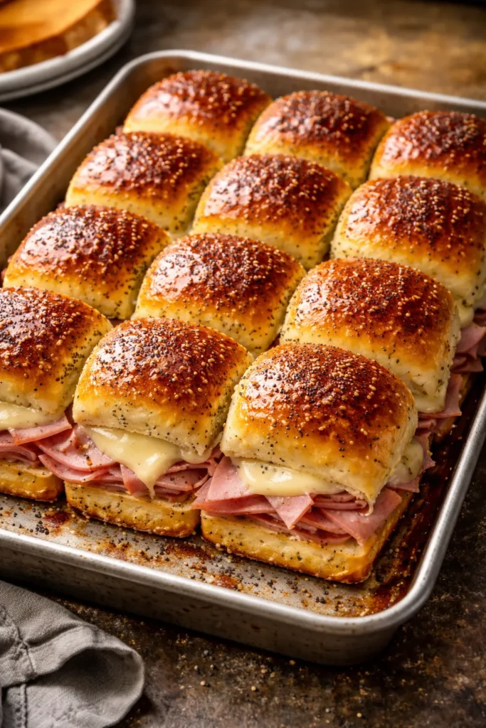 Ham and cheese sliders on a baking tray with glossy tops
