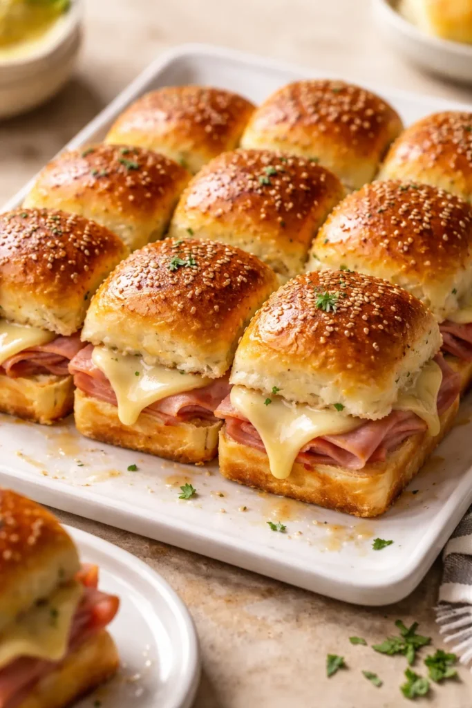 Close-up of ham and cheese sliders on a platter