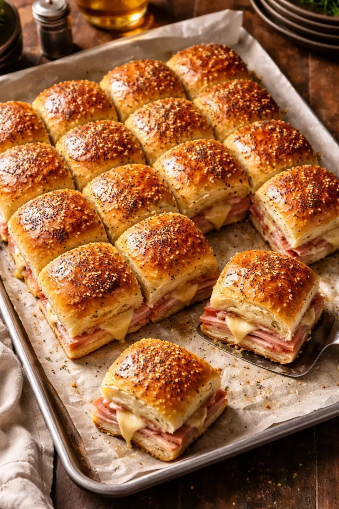 Tray of ham and cheese sliders on parchment