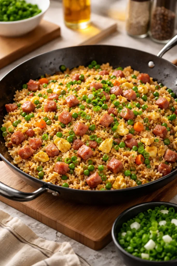 Ham fried rice with eggs and vegetables in a hot wok