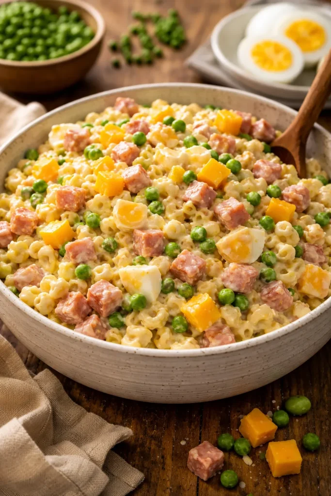 Macaroni salad with ham, cheddar, peas and eggs in a bowl
