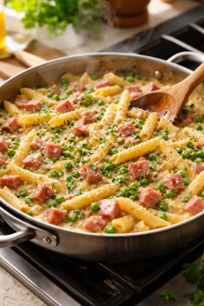 One-pot ham penne skillet with creamy sauce and peas