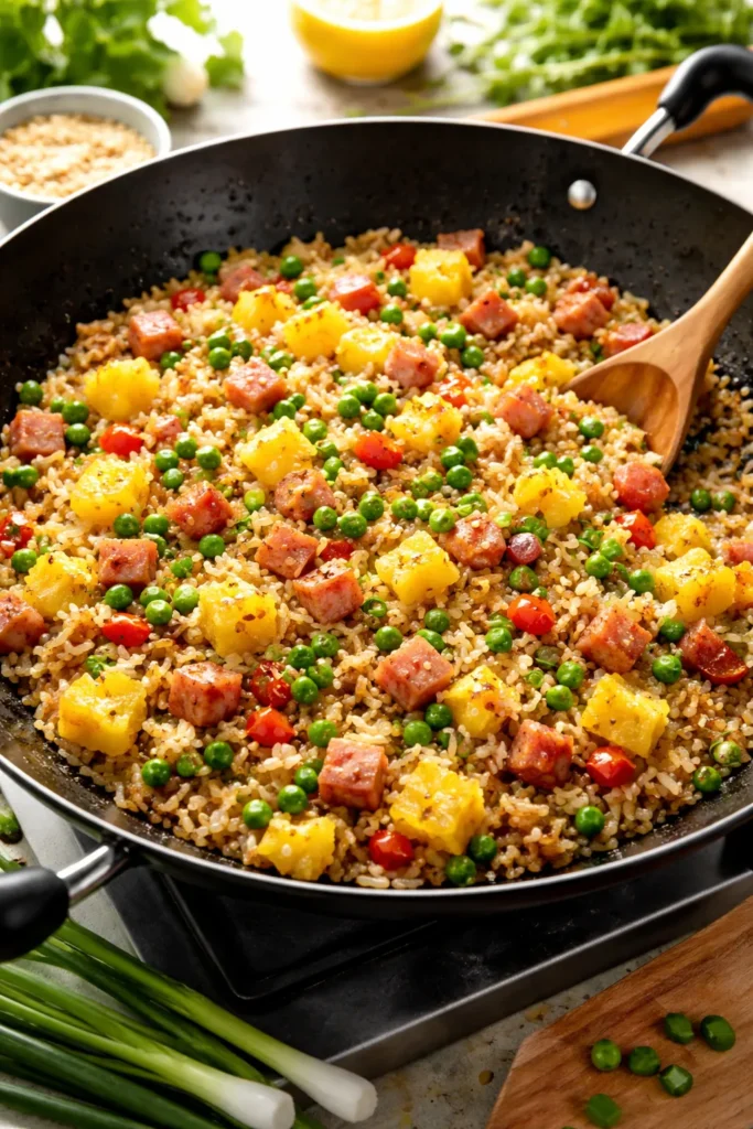 Ham fried rice with pineapple and vegetables on a plate