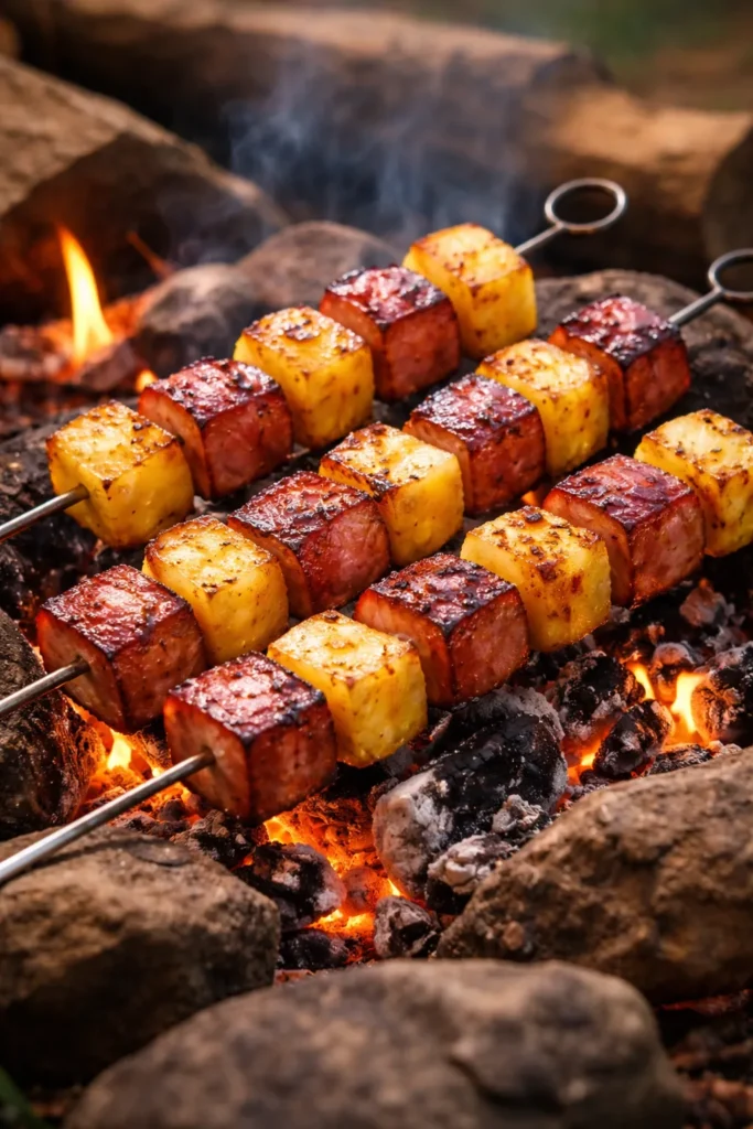 Ham and pineapple kebabs on skewers over glowing coals.