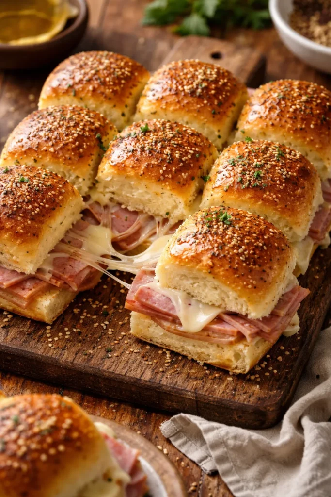Close-up of Ham and Cheese Sliders with Dijon Butter glaze and Swiss cheese