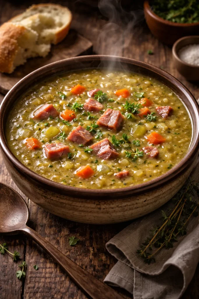 Thick green split pea soup with ham in a rustic bowl