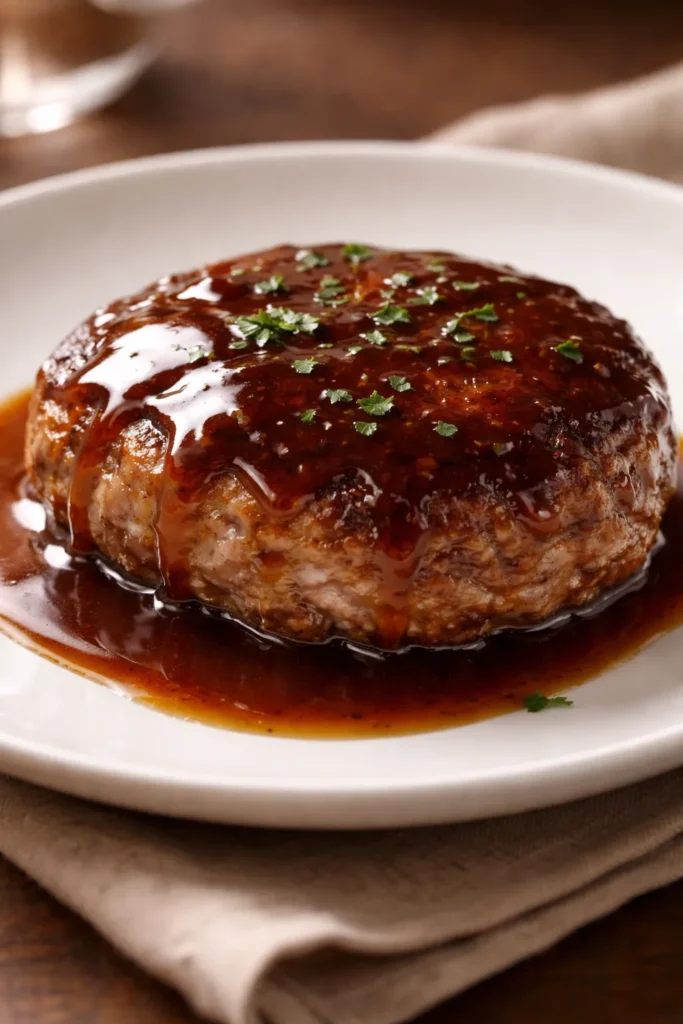 Juicy Hamburg steak patty with glaze on a clean plate