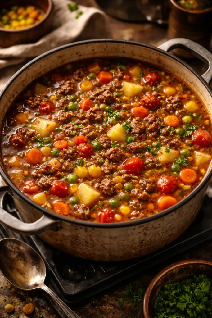 Close-up of a pot of hamburger soup simmering with beef, onions, tomatoes, and vegetables