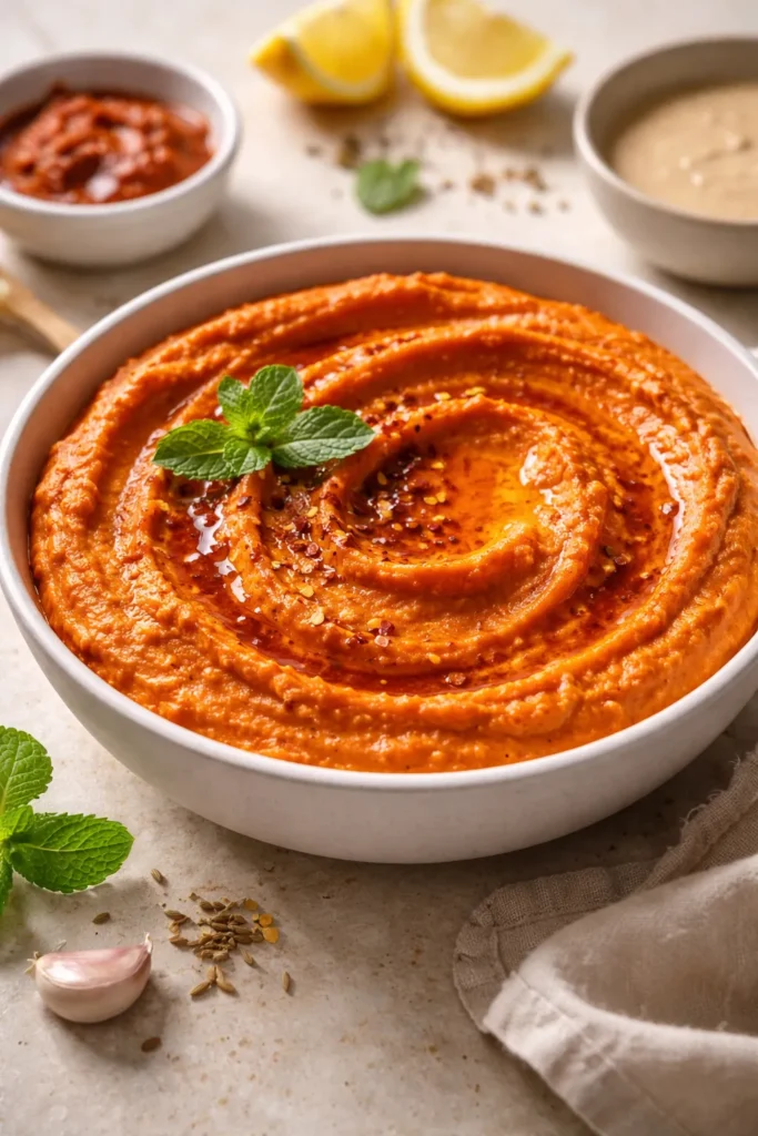 Close-up of harissa hummus with mint garnish