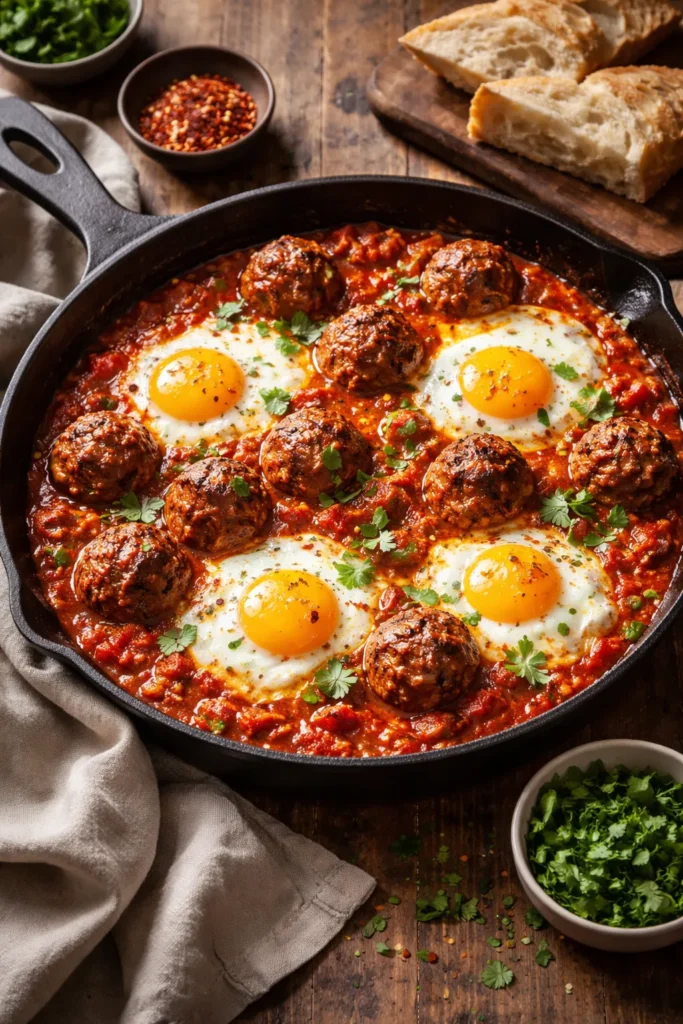 Skillet shakshuka with harissa meatballs and eggs in tomato sauce