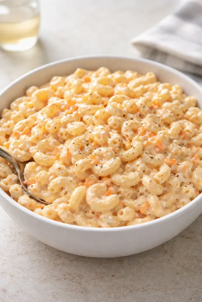 Creamy Hawaiian macaroni salad with grated carrot in a bowl