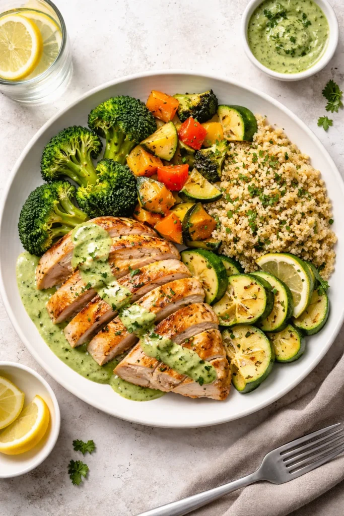 Top-down plate with protein, vegetables, carb, and sauce arranged evenly