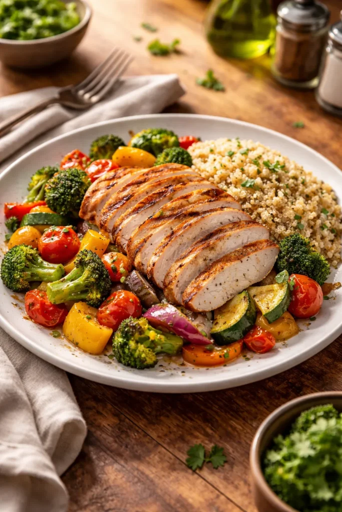 Plate with grilled chicken, roasted vegetables, and quinoa, balanced healthy dinner