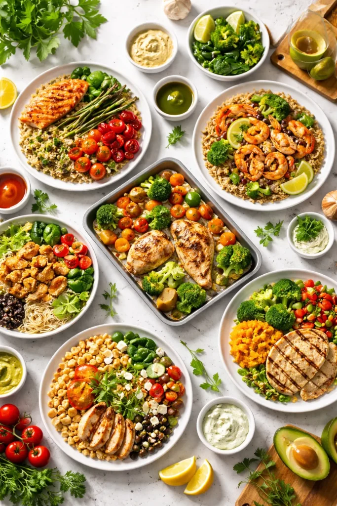 Close-up of multiple colorful healthy dinner plates arranged on a kitchen island.