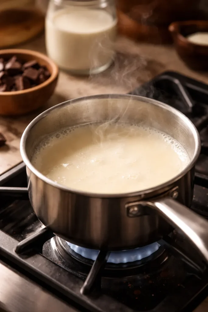 Steam rising from a saucepan with hot cream