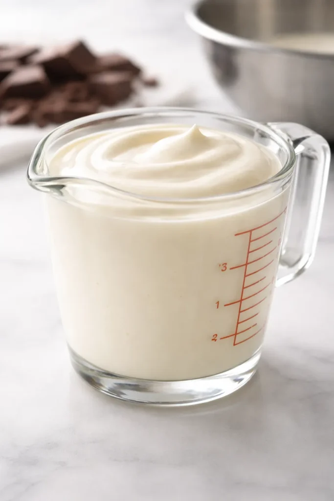 Close-up of heavy cream in a glass measuring cup