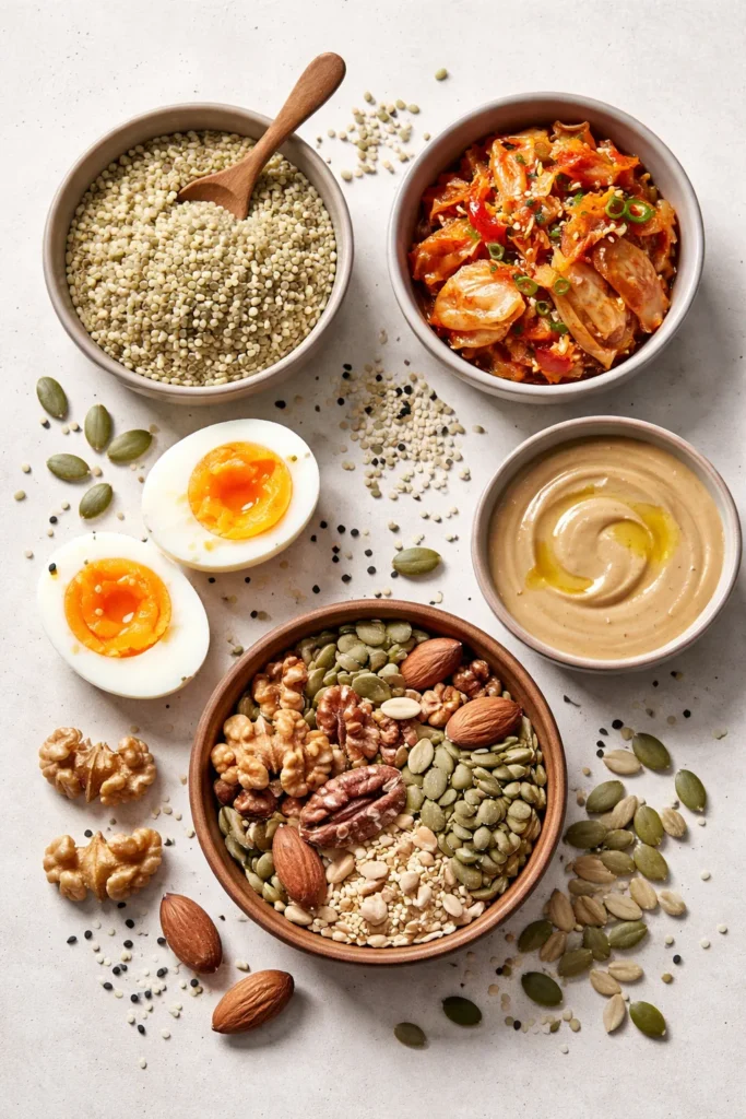 Flat lay of toppings including hemp seeds, kimchi, soft-boiled egg, nuts, and tahini