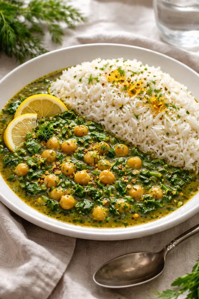 Plate of herb chickpea stew with basmati rice and fresh herbs