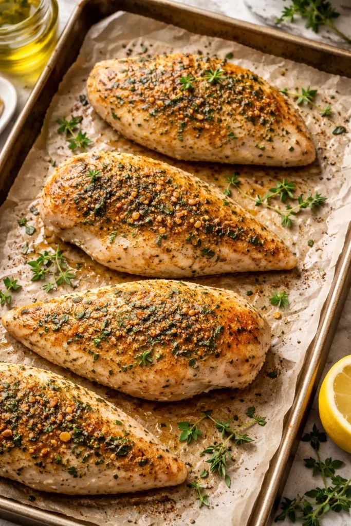 Evenly seasoned chicken breasts on parchment ready to bake