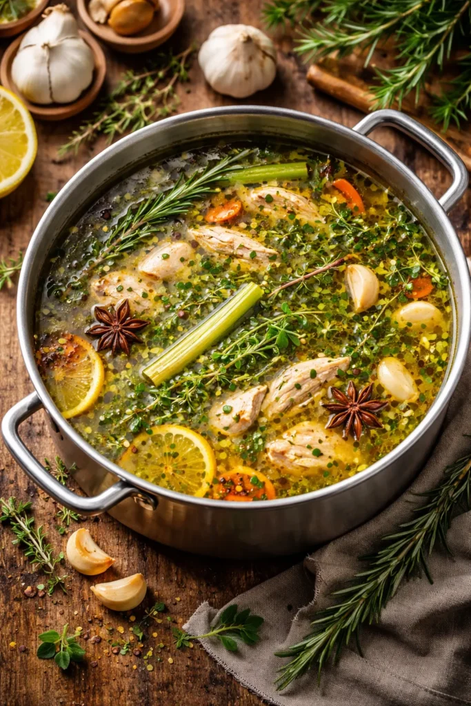 Herb-packed Medicine Bomb Chicken Soup with rosemary, thyme and oregano