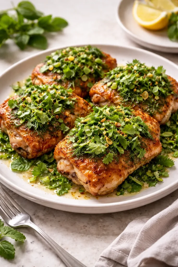 Crispy chicken thighs topped with fresh herb salad on plate.