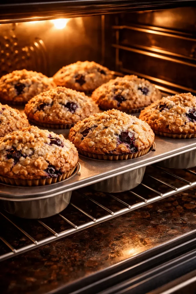 Muffins in a tin with golden domed tops under warm oven glow.