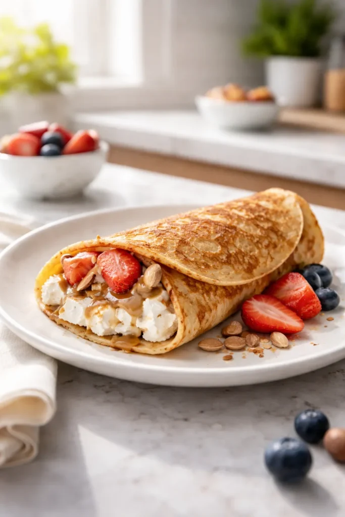Protein-rich crepe with filling on a plate to imply higher protein