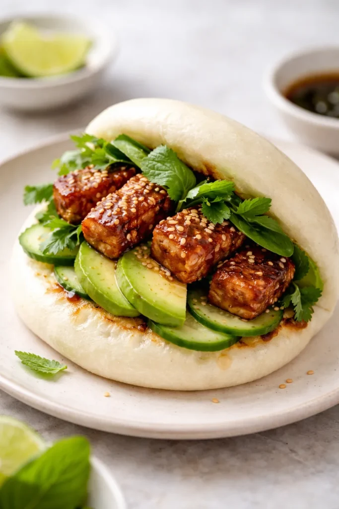 Tempeh and avocado bao cross-section with fresh greens