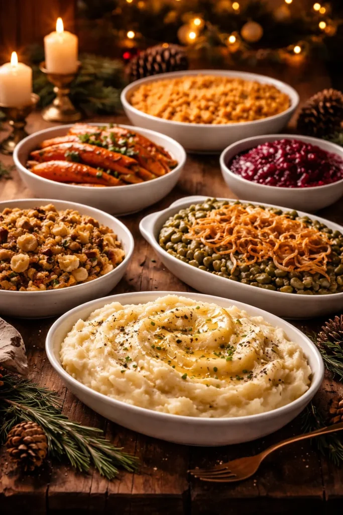 Cozy table with finished holiday side dishes