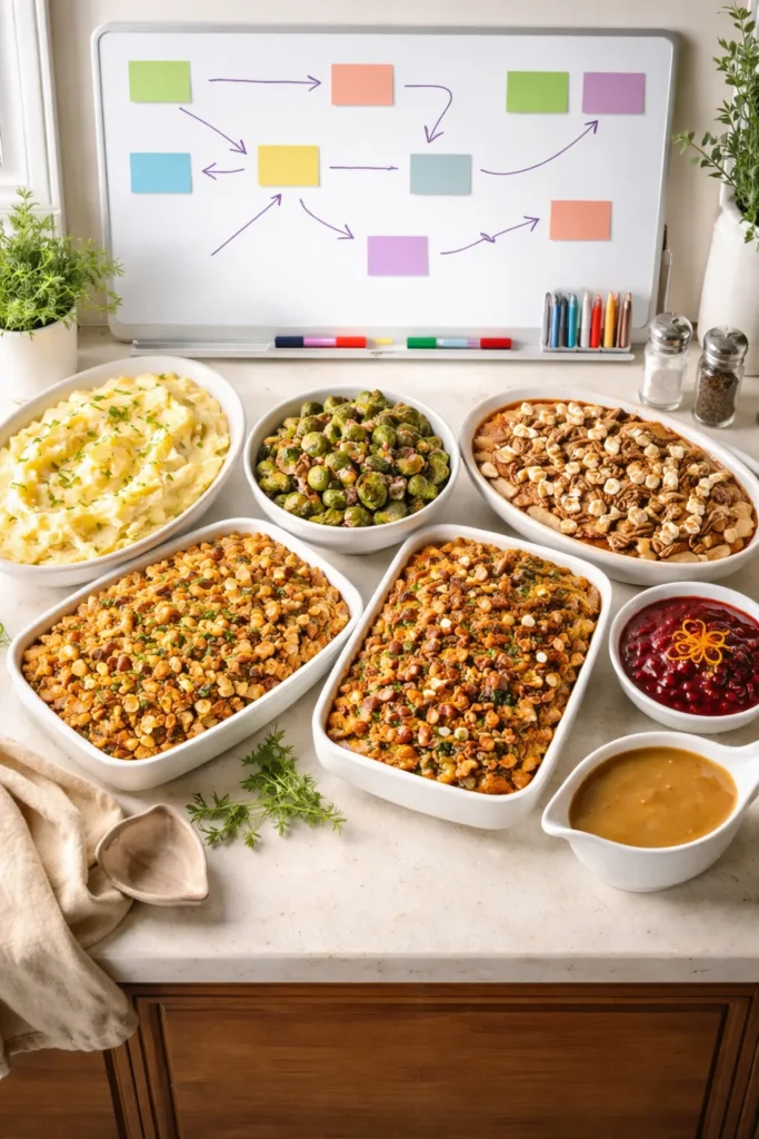 Minimalist planning scene for holiday side dishes