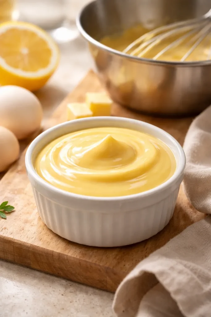 Pale-yellow hollandaise sauce in a ramekin with glossy surface
