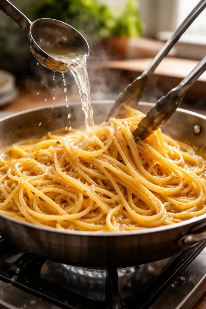 Close-up of glossy homemade pasta tossed in pan with emulsified sauce and pasta water