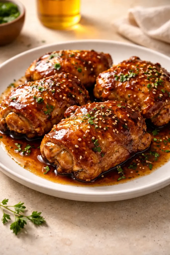 Glazed honey garlic chicken thighs on plate