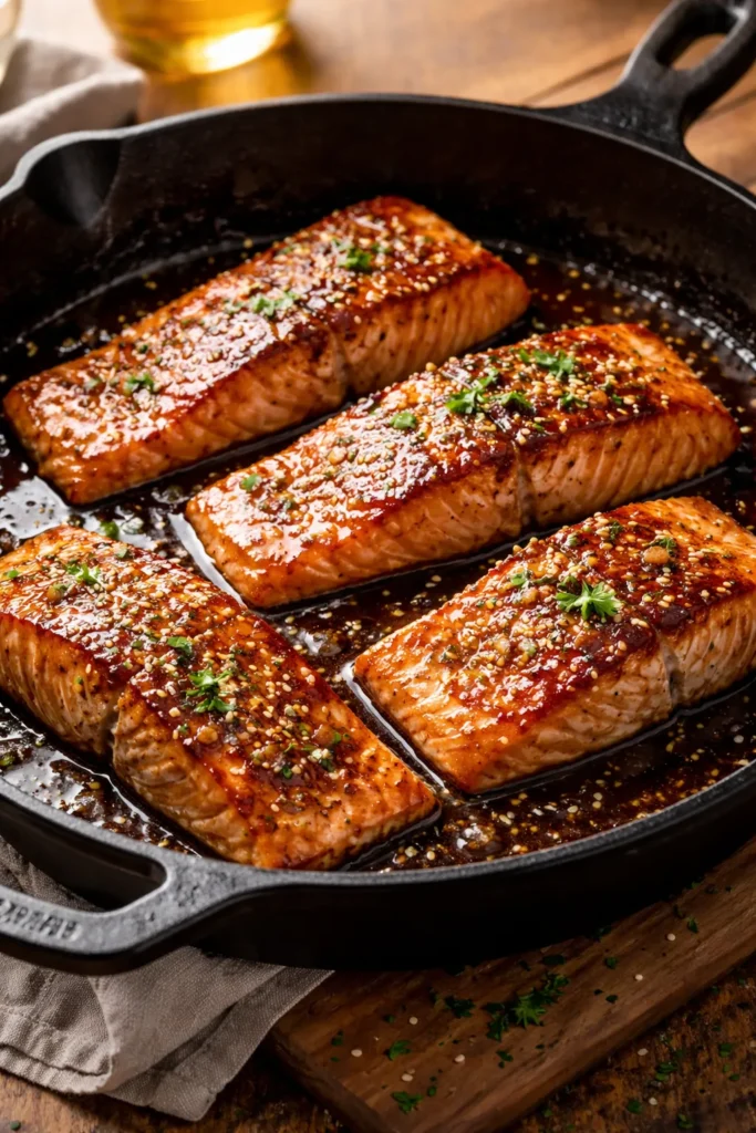 Salmon with honey-garlic glaze in cast iron skillet