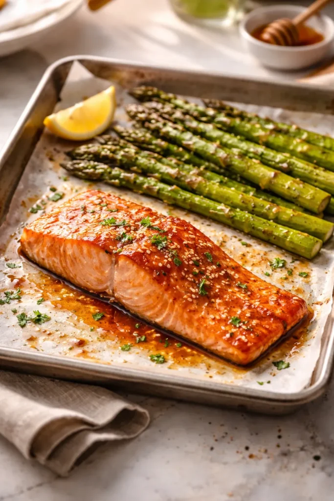 Sheet-pan honey-glazed salmon and asparagus on a baking sheet