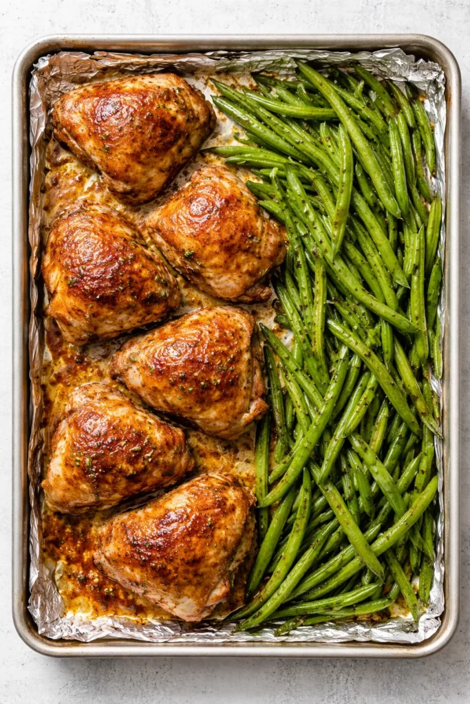 Glazed honey mustard chicken thighs with green beans on a sheet pan