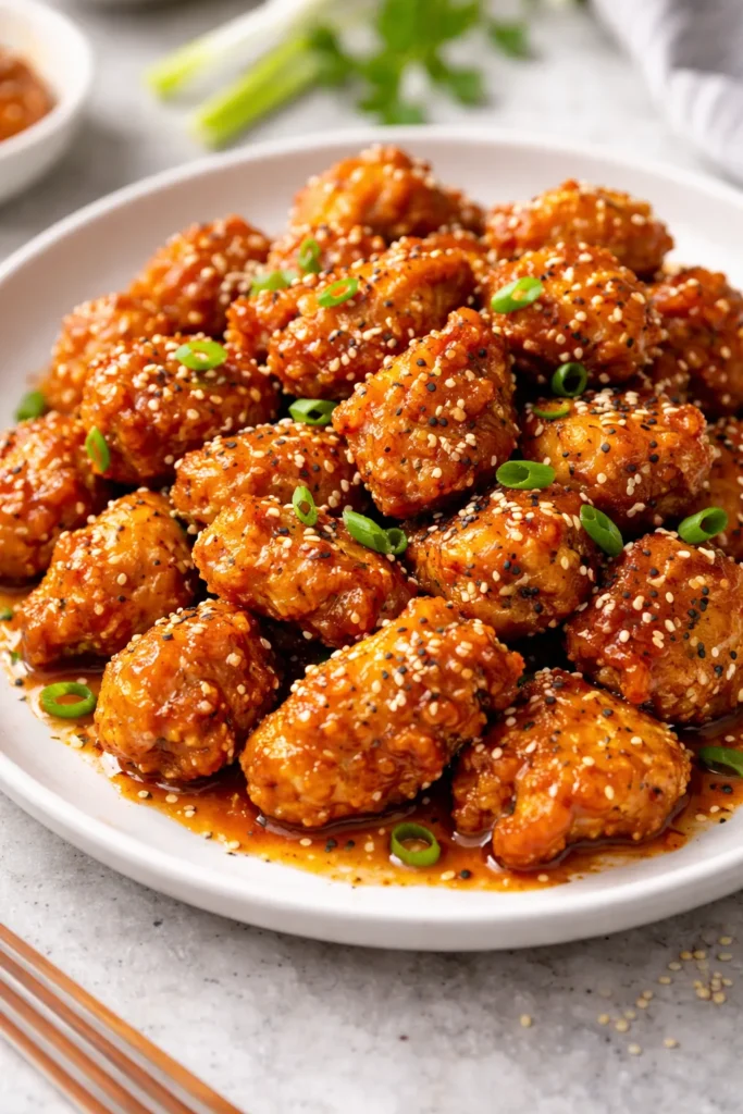 Crispy honey sesame chicken with sesame seeds