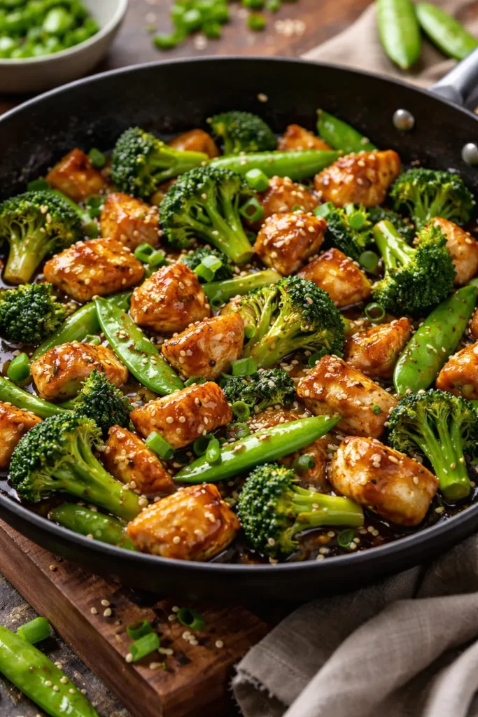 Skillet with honey sesame chicken, broccoli, and snap peas in glaze