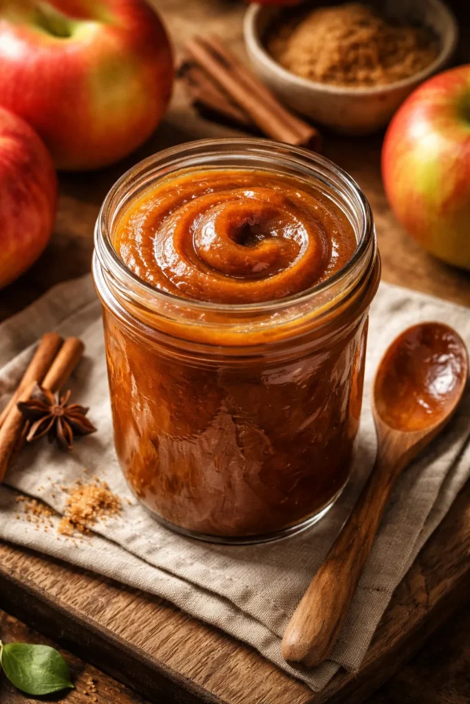 Smooth honeycrisp apple butter in a rustic glass jar with a wooden spoon