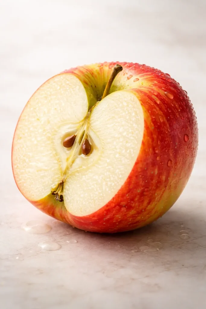 Macro close-up of a Honeycrisp apple showing crisp flesh