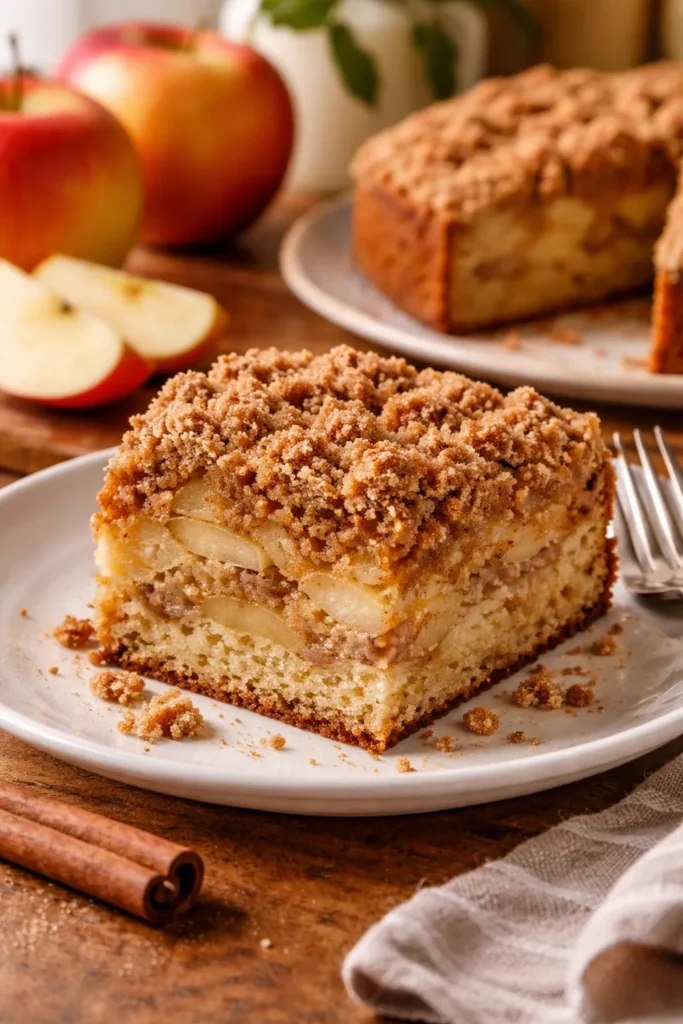 Slice of coffee cake with apples and crumb topping on a plate
